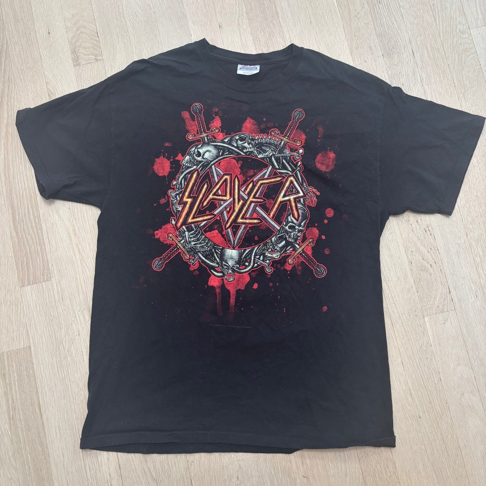 Slayer Band T-Shirt Mens Large Black Graphic Tee Used Pentagram Skulls Hanes